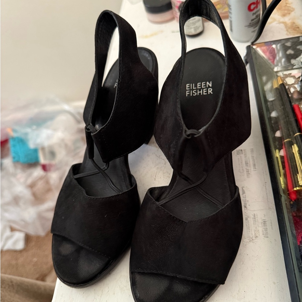 Eileen Fisher Black Strappy Sandals with High Heel